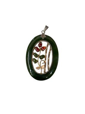 Vintage 80s Nephrite Jade Gold Plated Sterling Silver Pendant Flower Bamboo Oval